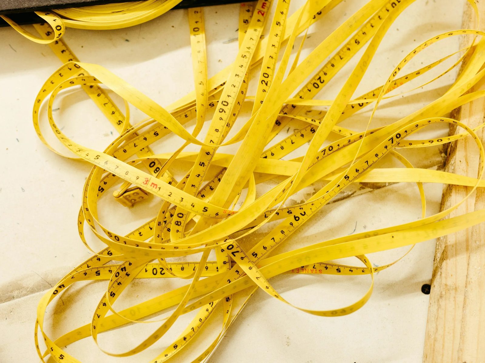 A pile of tangled yellow tape measures