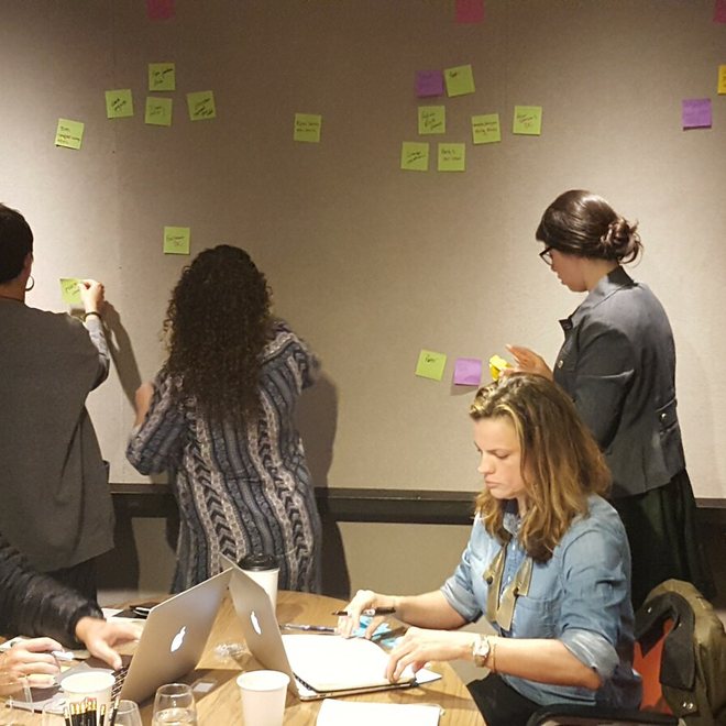 Leaders working at a table in front of a wall of notes