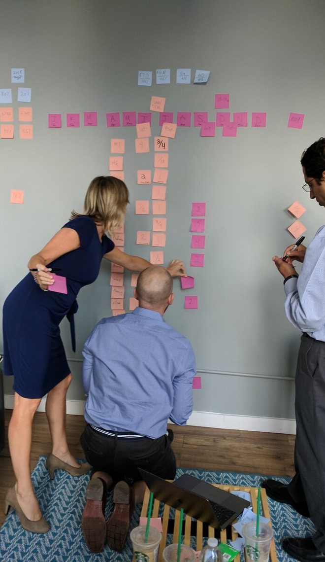 Leaders building a plan on a wall of sticky notes
