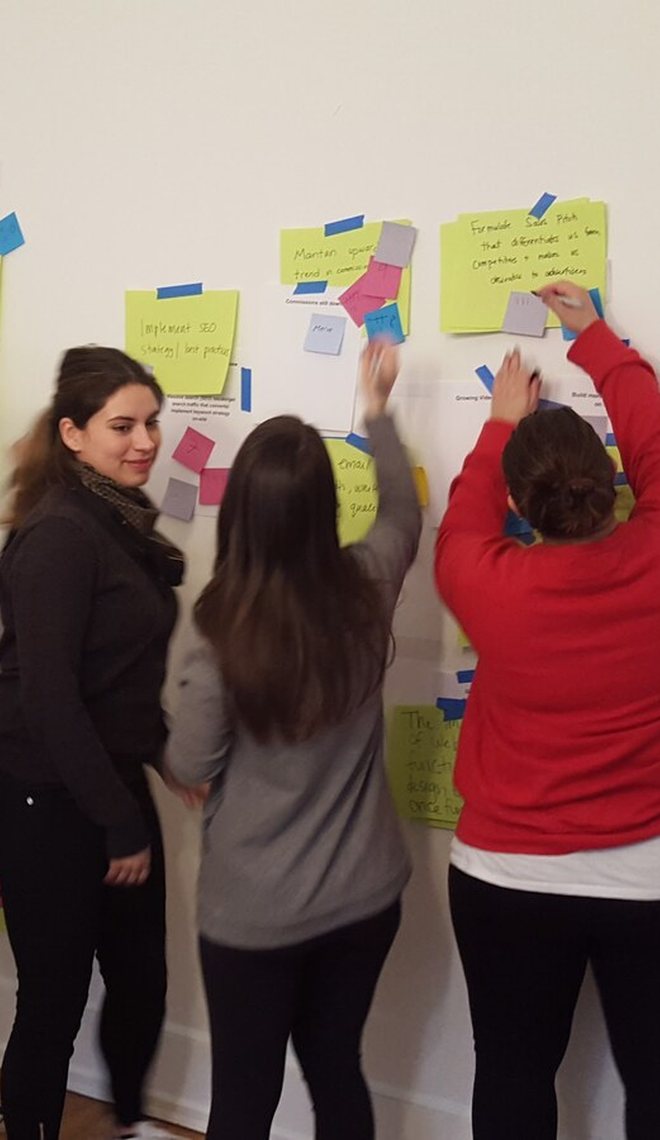 Team members adding notes to a planning wall