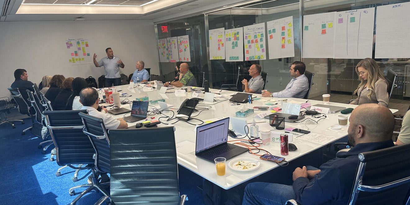 A leadership team in a planning session with plans posted on the walls