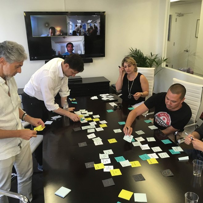 A team sorting cards on a conference table