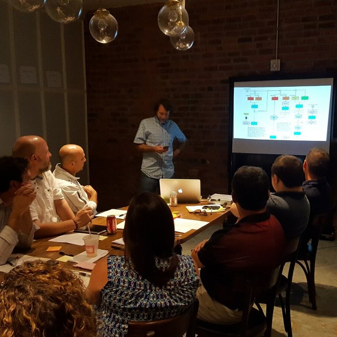 A leadership team watching a presentation