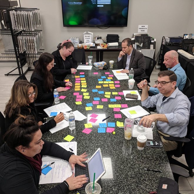 A team working through cards on a long table